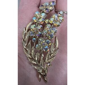 Vintage Coro Signed Borealis Floral Gold Toned Brooch Pin